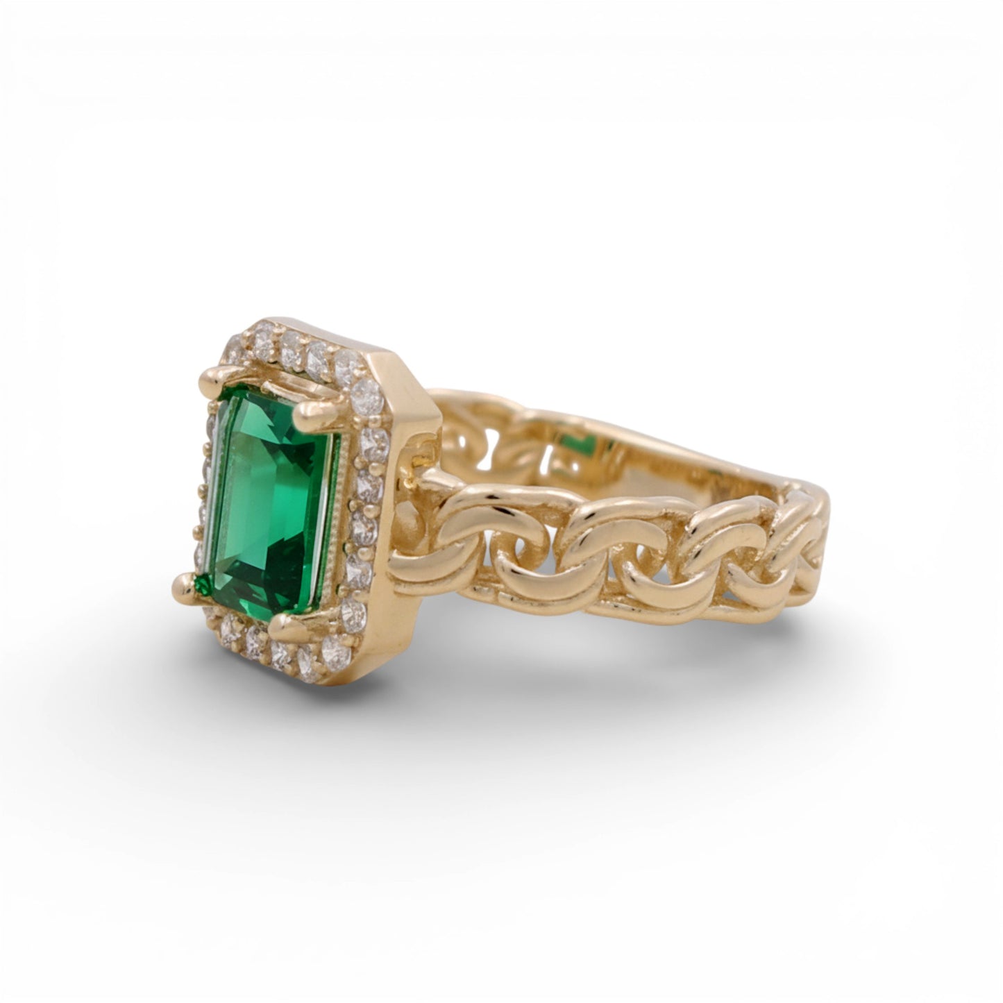 14K Yellow Gold Women's Ring with Chinese Link and Green Cz / Size: 7.5 / Weight: 3.2 GR