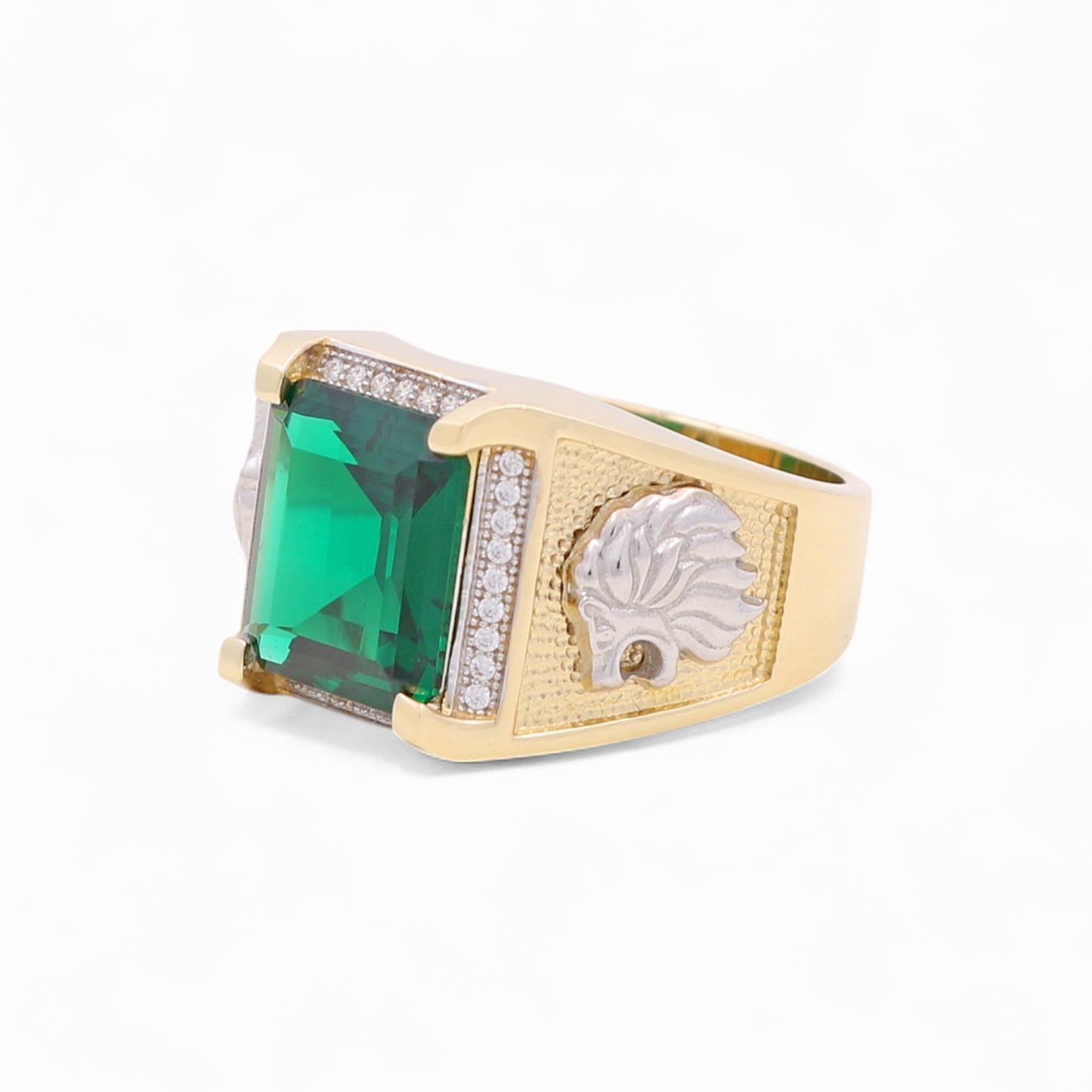 14k Two Tone Square Men's Ring with Lion and Green and White Cz / Size 9.5 / Weight 10.9 GR / BOMRTT4FS-2