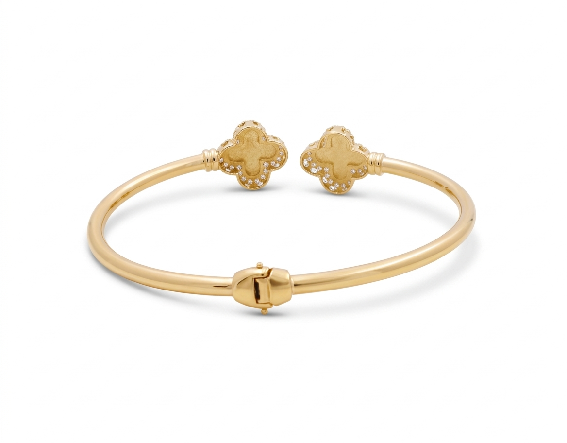 14K Yellow Gold SemiSolid Bangle Bracelet with Two Clovers and Cz / Weight: 8 GR