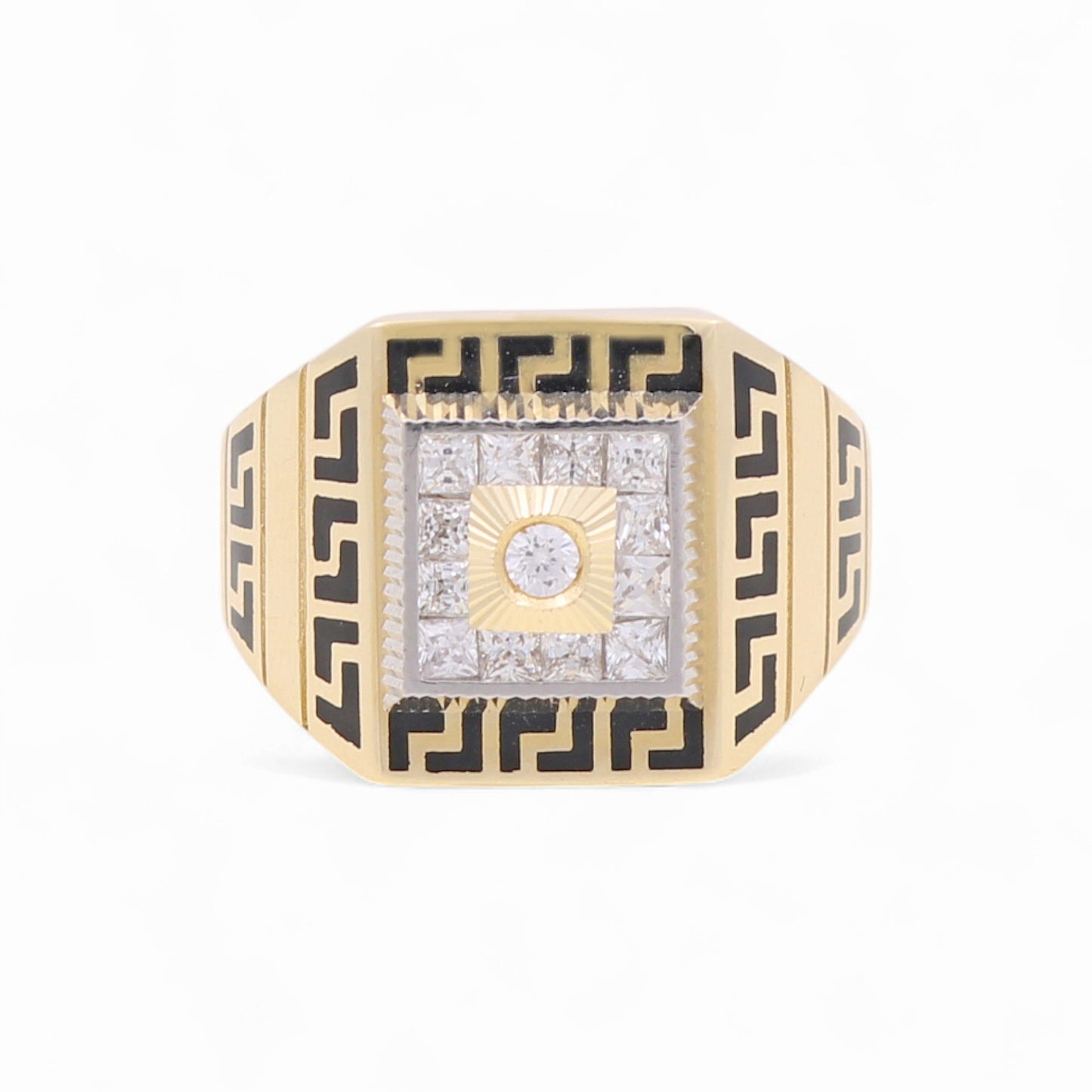 14k Two Square Men's Greek Ring with Black Enamel and Cz / Size 10 / Weight 8.8 GR / COMR4SQTTBEGRCZ