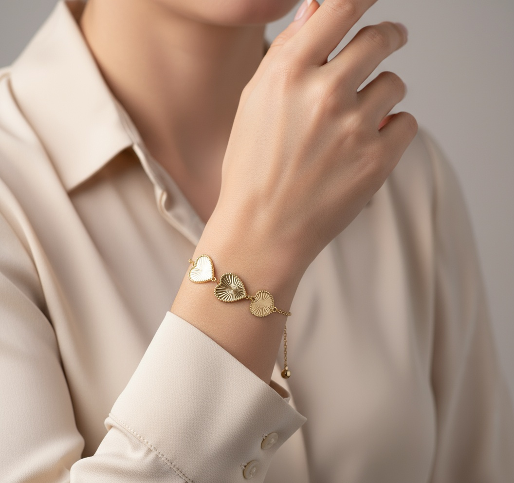 14K Yellow Gold Three Hearts Women's Bracelet with Diamond Cut Design / Size: 7.5" / Weight: 5.8 GR / COWB4HR-6