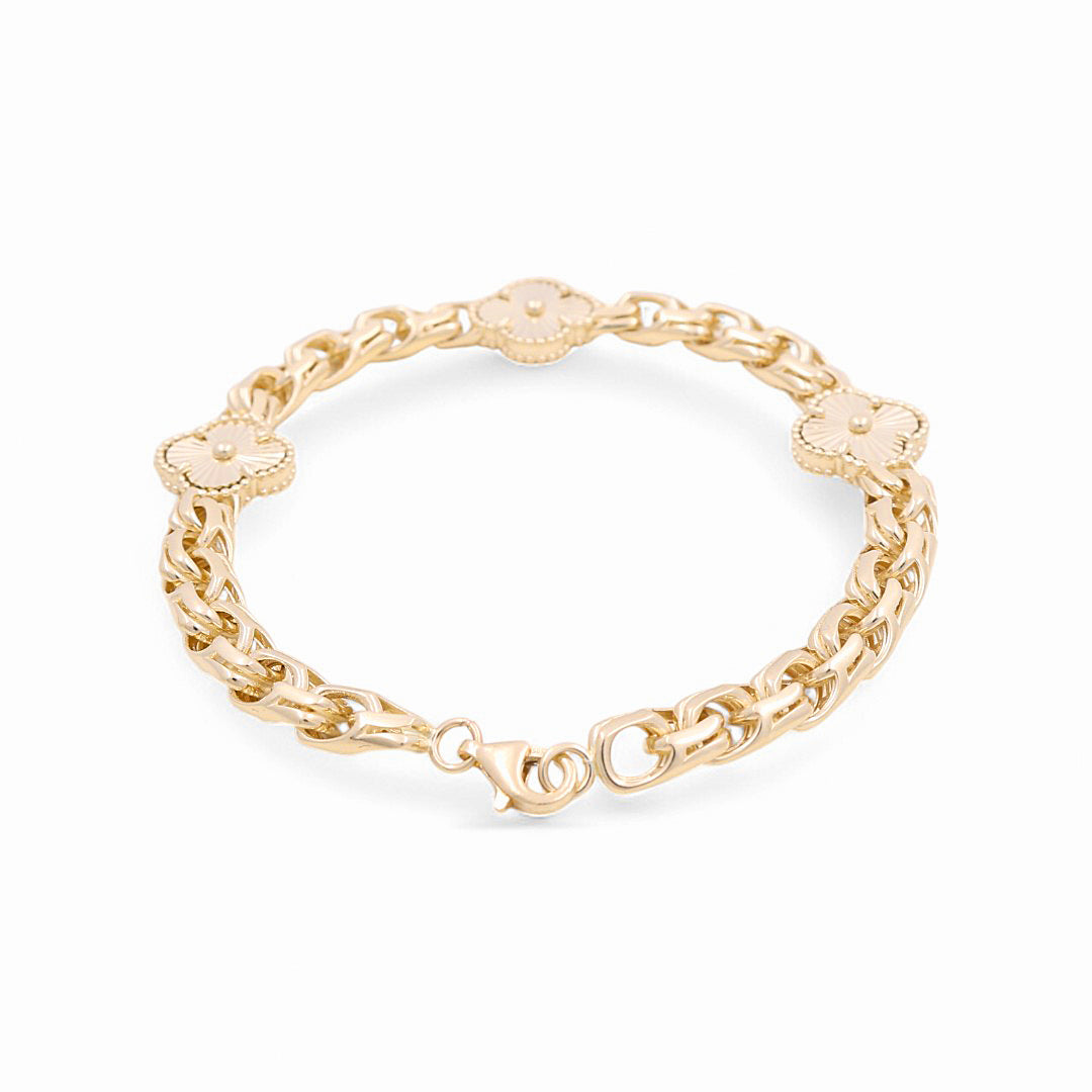 14K Yellow Gold Chinese Link Women's Bracelet with Gold Clover / Size: 7.5” / Weight: 13.6GR / DOWB4CLV