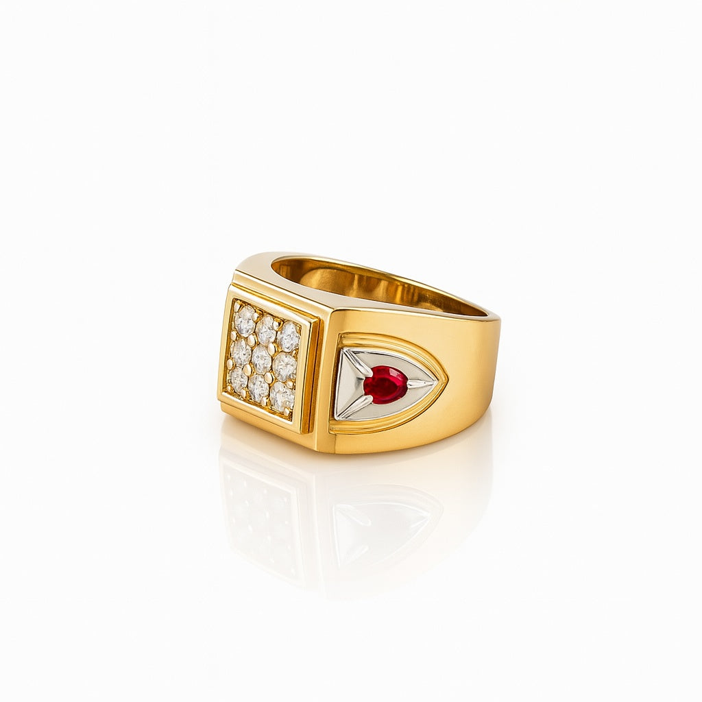 14K Yellow and White Gold Fashion Men's Ring with Red and White Cz / Size: 10 / Weight: 6.3 GR