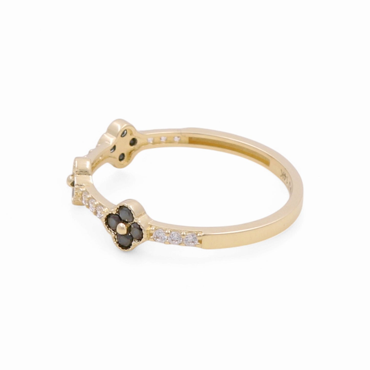 14K Yellow Gold Three Flower Women's Ring with Black Cz / Size: 8 / Weight: 1.2 GR / Y24-1259