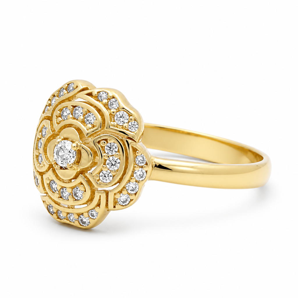 14K Yellow Gold Flower Women's Ring with Cz / Size: 9.25 / Weight: 2.2 GR / DQWR4FL-10