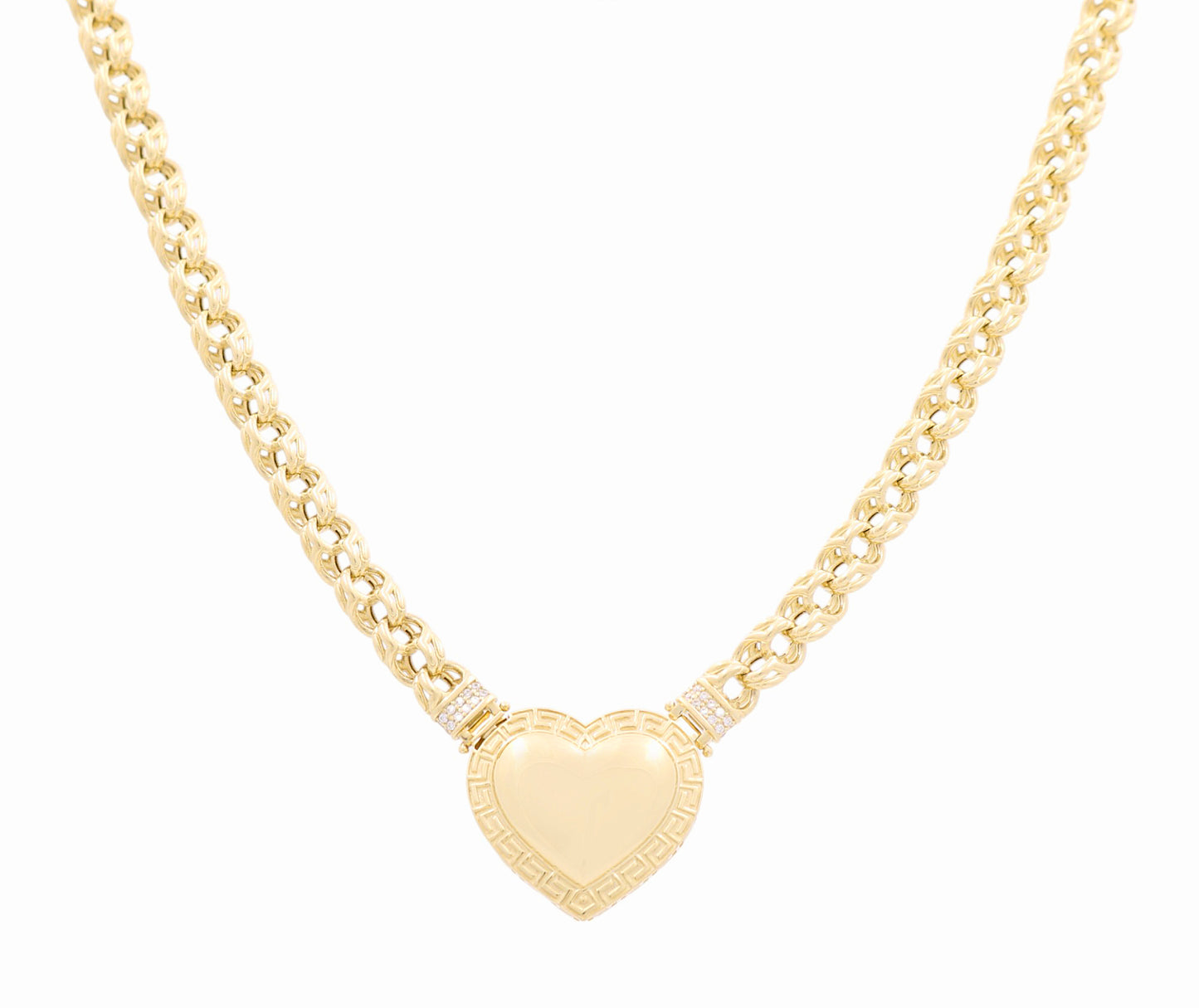 10K Yellow Gold Chinese Link Necklace with Heart and Greek Design / Size: 18” / Weight: 30 GR / DQNK0HRGR