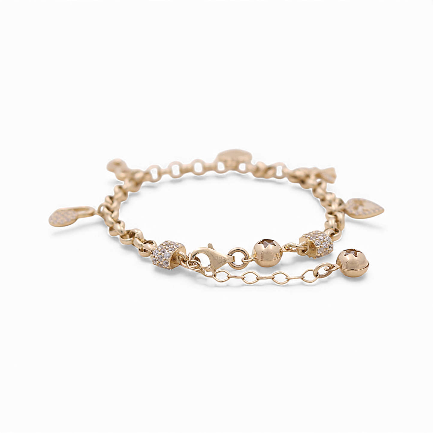14k Yellow Gold Rolo Link Women's Bracelet with Charms and Cz / Size: 7.5" / Weight: 6.8 GR / CCFWB4FS-1
