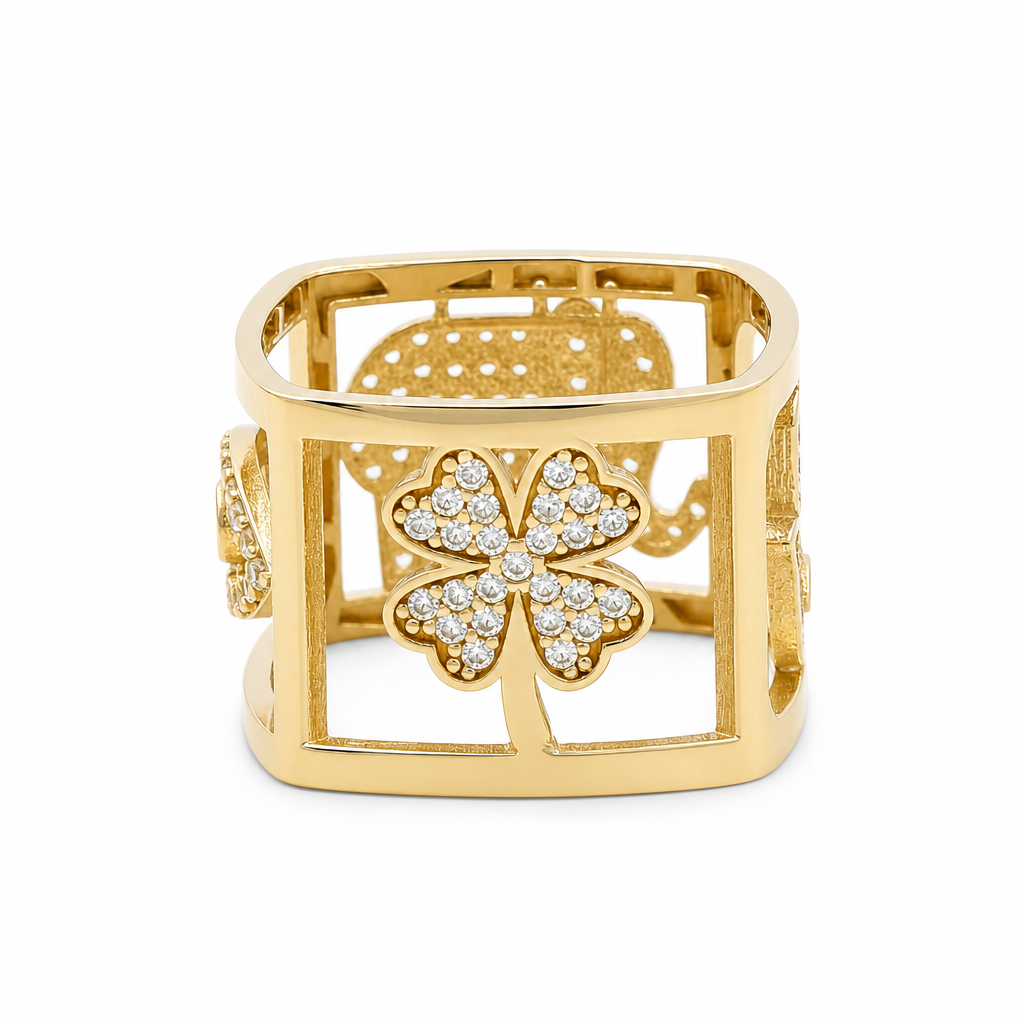 10K Yellow Gold Square Lucky Women's Ring with Cz / Size: 7.5 / Weight: 4.3 GR / CQWR0FS-41