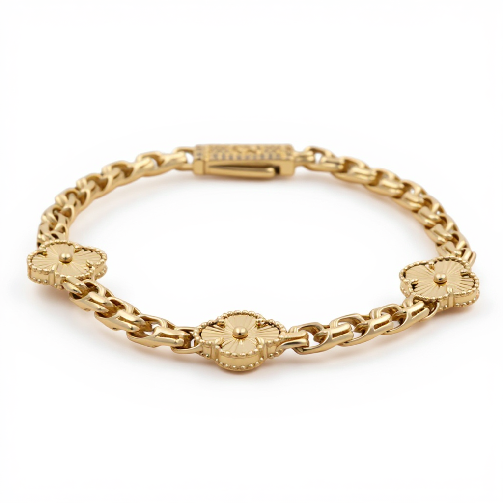 10K Yellow Monaco Women's Bracelet With Three Gold Clover and Chinese Link / Size: 7.5" / Weight: 10.9 GR / COWB0CLV-2