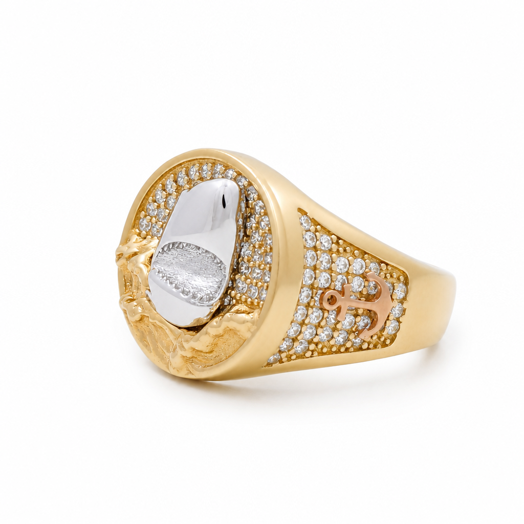 14K Yellow and White Gold RD Shark Men's Ring with Cz / Size: 9.5 / Weight: 7.4 GR