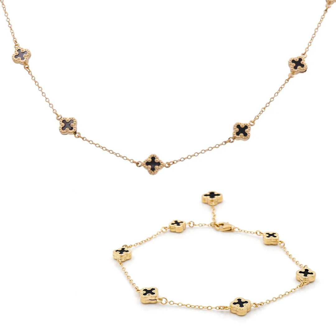 14K Yellow Gold Black Clover Necklace With Free Bracelet / Size: 16" - 7.5" / Promotion