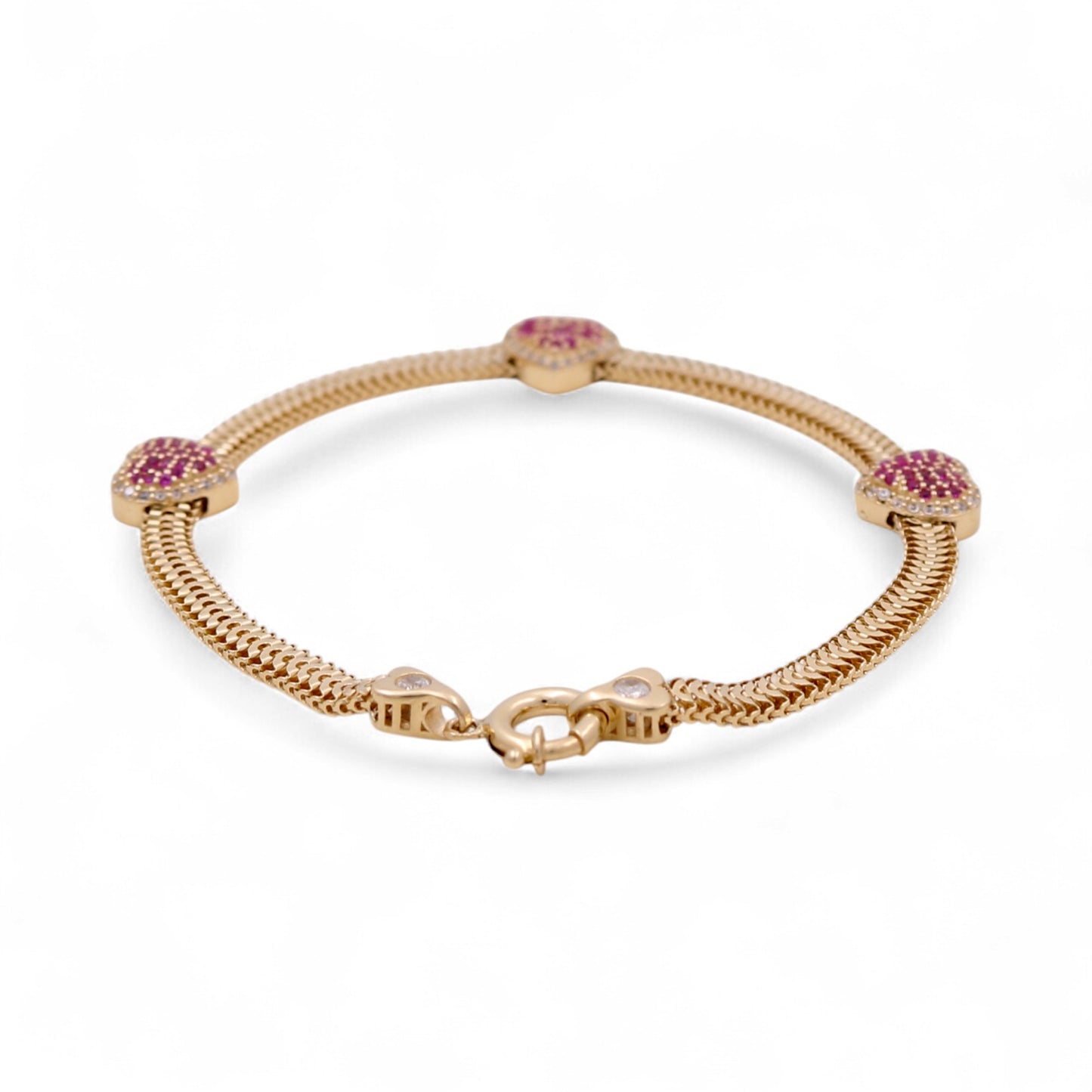 14K Yellow Gold Fashion Link Hearts Women's Bracelet with Pink Cz / Size: 7.5” / Weight: 6.9 GR / DQWB4HR-1