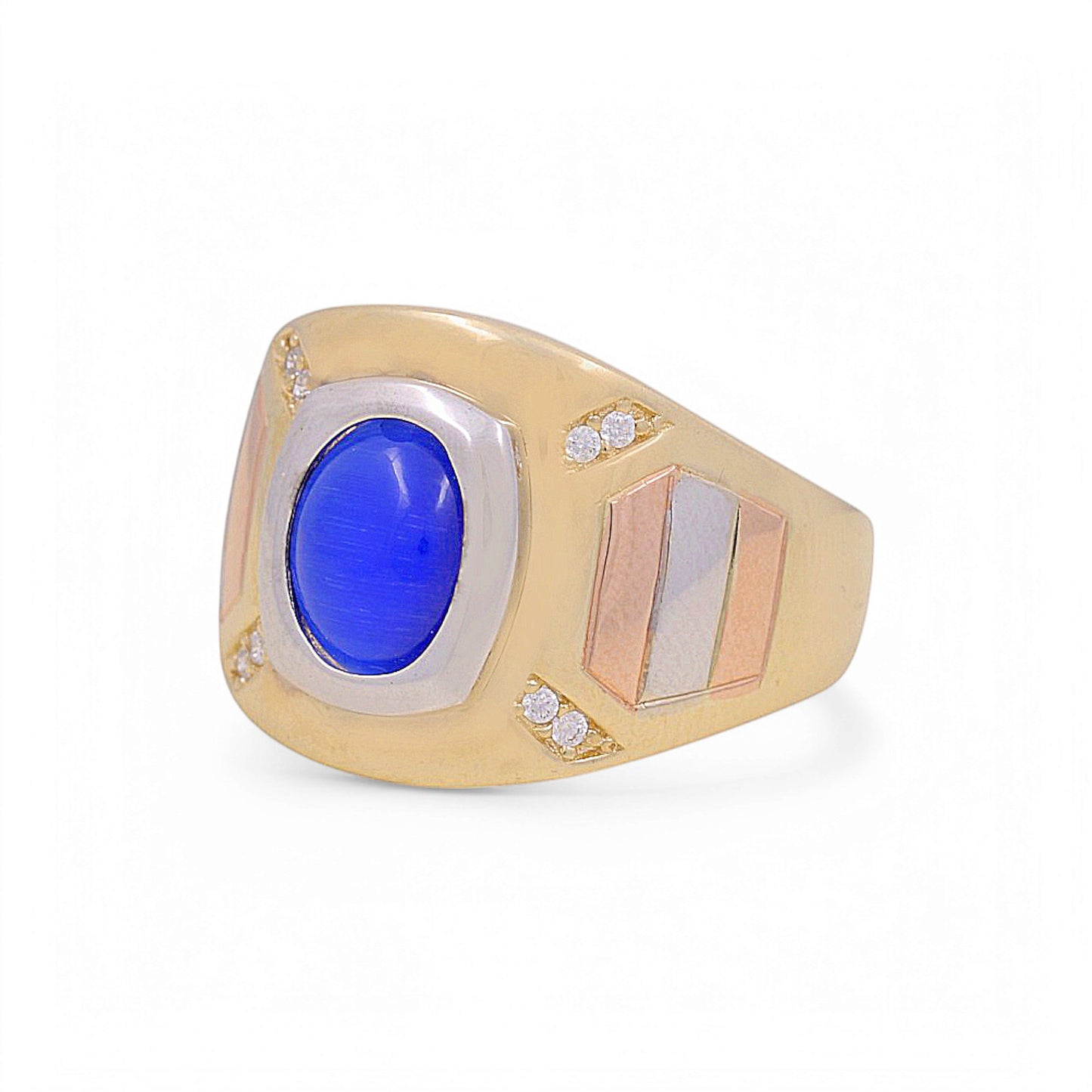 14K Yellow, White and Rose Fashion Men's Ring with Blue Stone / Size: 10 / Weight: 7.1 GR / KEEMR3T4FS