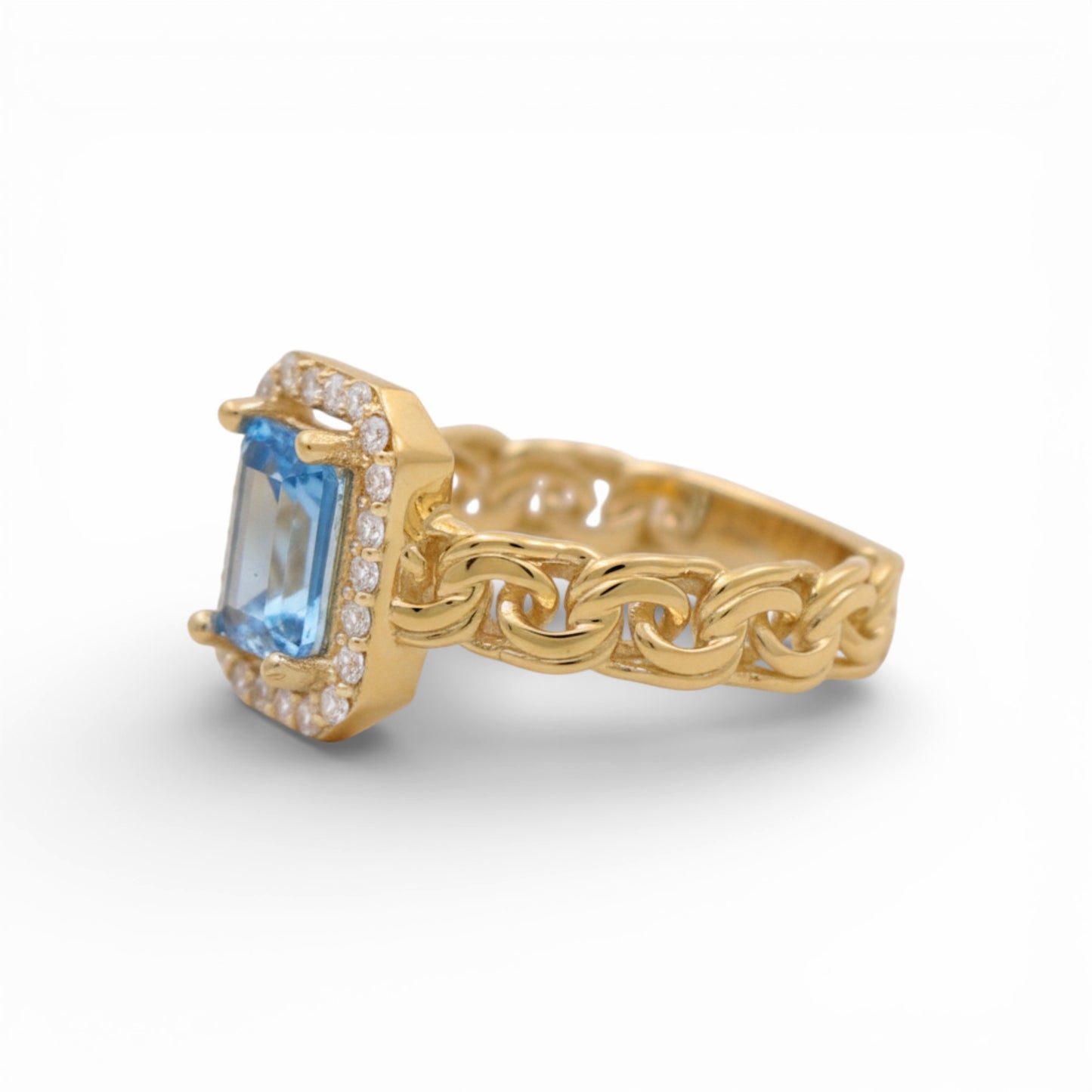 14K Yellow Gold Women's Ring with Chinese Link and Blue Cz / Size: 7.5 / Weight: 3.1 GR / Y24-1166