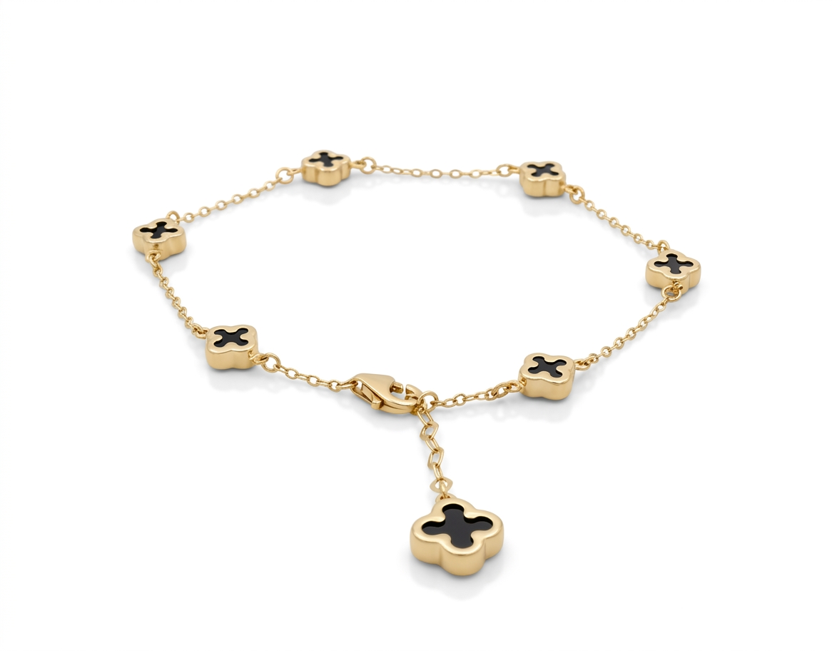 14K Yellow Gold Black Clover Women Bracelet / Size: 7” / Weight: 3.9 GR