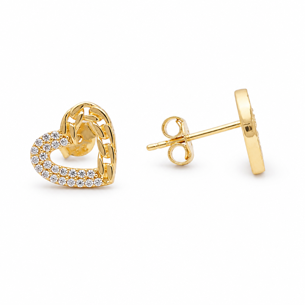 14K Yellow Gold Fashion Women's Heart Stud Earrings / Weight: 1.9 GR / DQES4HR-1