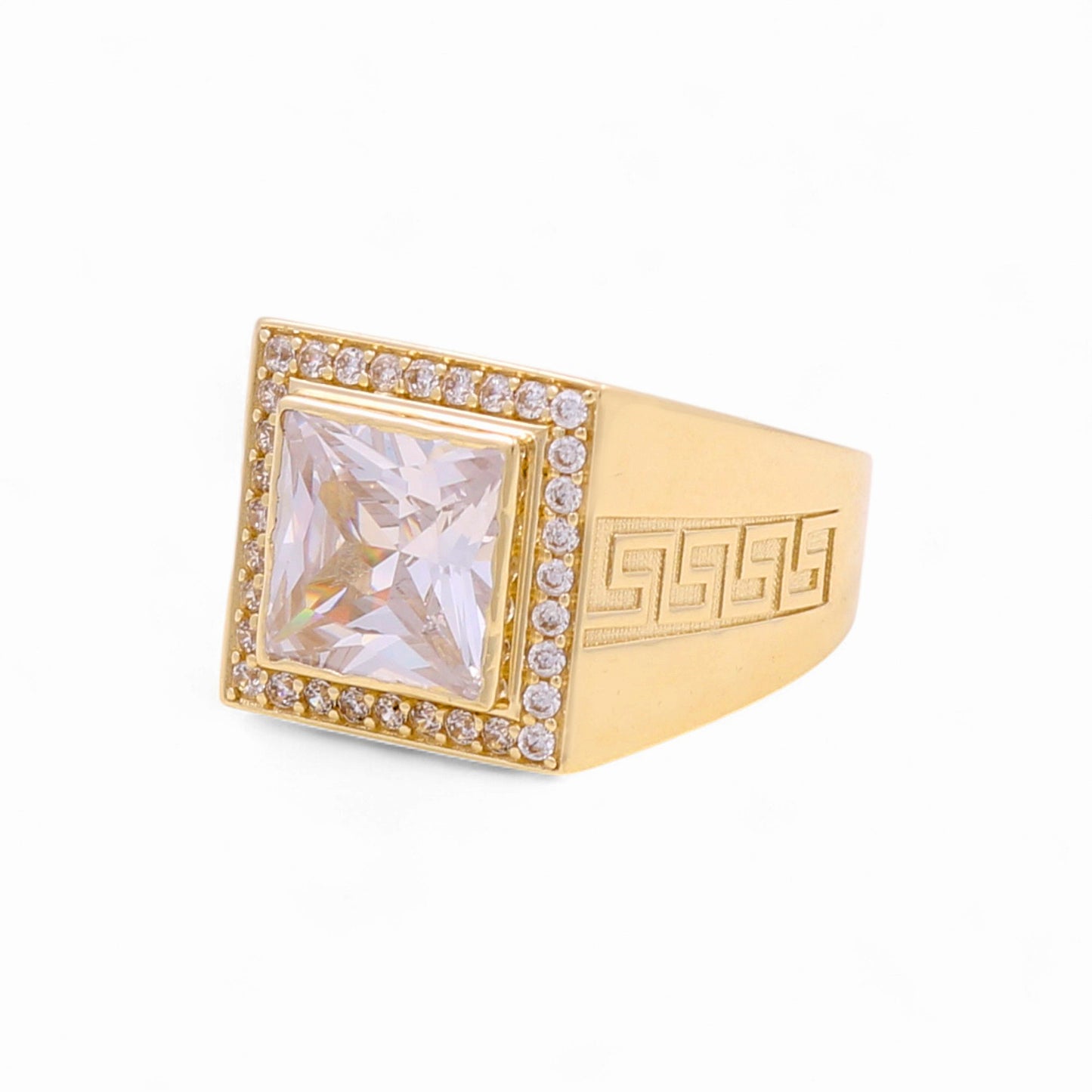 14K Yellow Gold Square Men's Greek Ring with and White Cz / Size 10 / Weight 8.7 GR