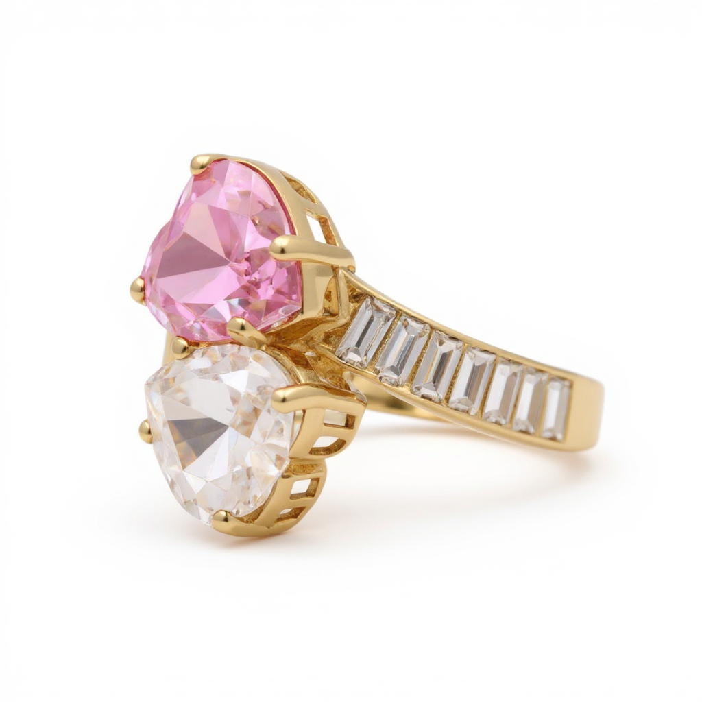 14K Yellow Gold Baguette Women's Ring with Two Hearts / Stone: Cz / Size: 8 / Weight 4.8 GR / BOWR4HR-13