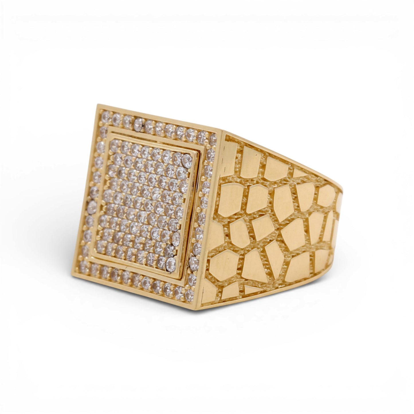 14K Yellow Gold SQ Nugget Men’s Ring with White Stones / Size 10.5 / Weight: 7.6 GR / M24-2