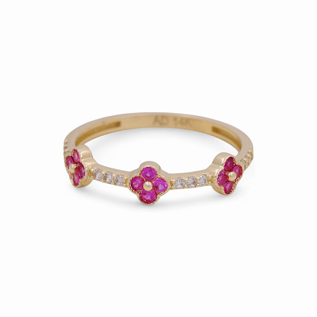 14K Yellow Gold Three Flower Women's Ring with Pink Cz / Size: 8 / Weight: 1.2 GR / Y24-1259