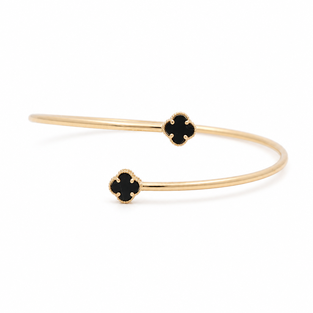 14K Yellow Gold Semisolid Two Black Clovers Bangle Bracelet / Weight: 3.1 GR / DQBB4CLV
