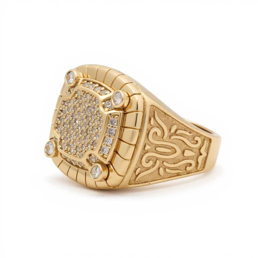 14K Yellow Gold Fashion Men’s Ring with White Stones and Design / Size 11 / Weight: 8 GR / DOMR4FS-15