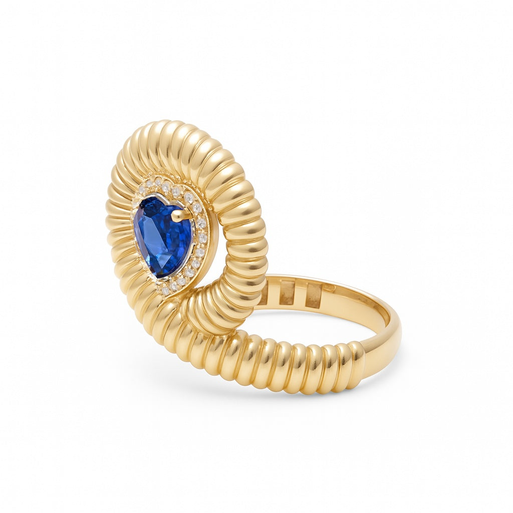 14K Yellow Gold Fashion Heart Women's Ring with Blue and White Cz / Size: 7.5 / Weight: 6 GR / DQWR4HR-13