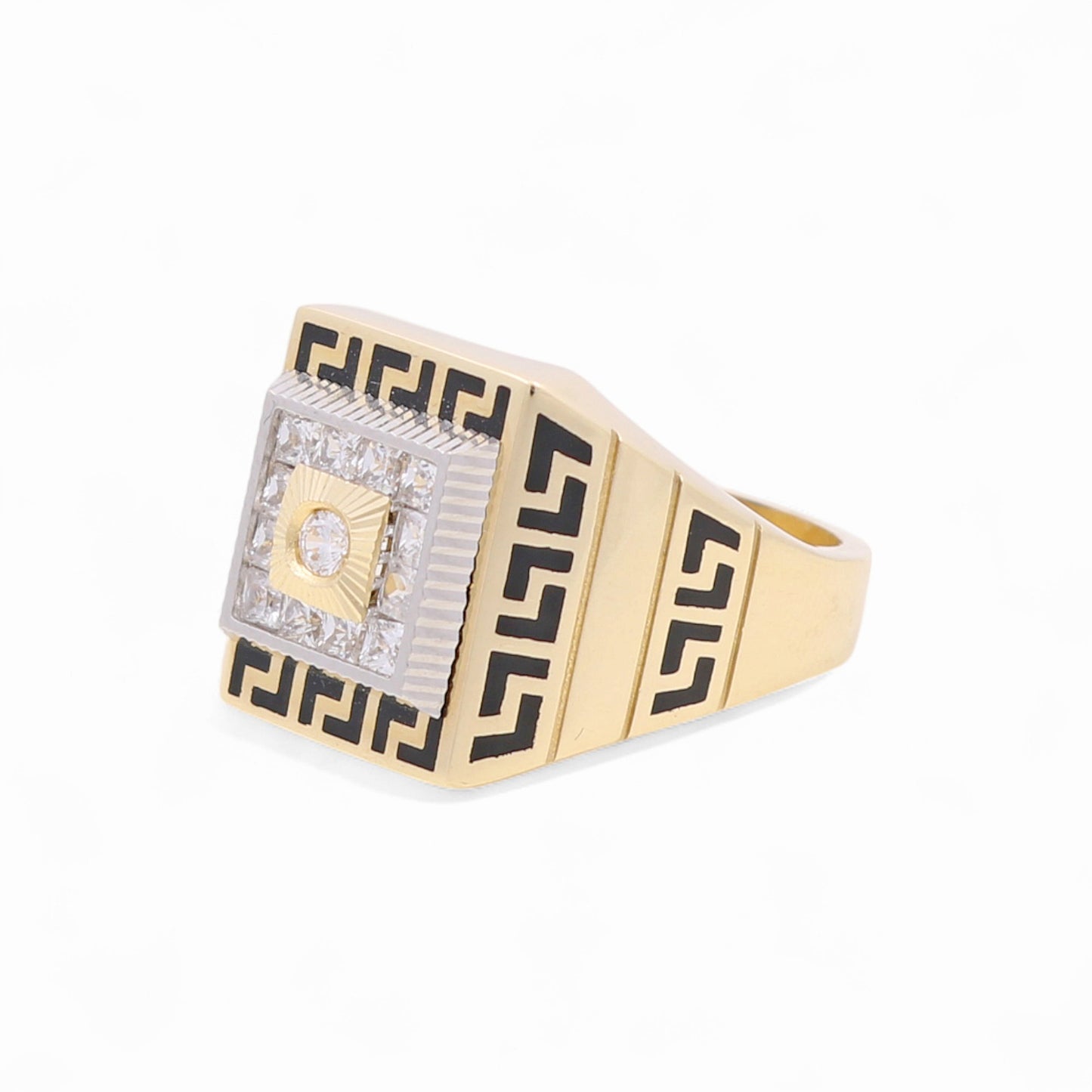 14k Two Square Men's Greek Ring with Black Enamel and Cz / Size 10 / Weight 8.8 GR / COMR4SQTTBEGRCZ