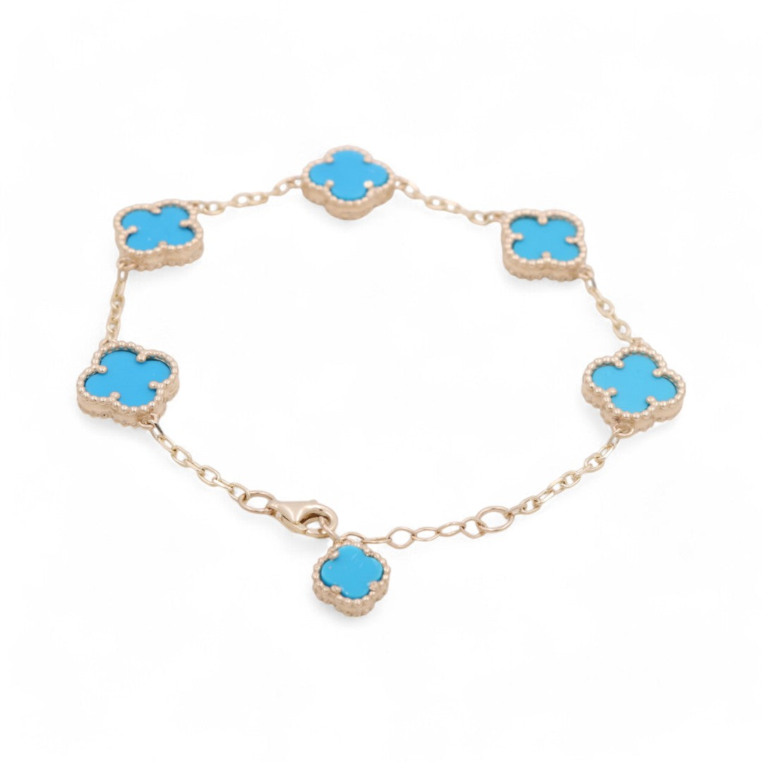 Pulsera de mujer en oro amarillo de 14 quilates con 5 tréboles celestes / Tamaño 7" / Peso 8,2 GR / BOWB4CLV-6