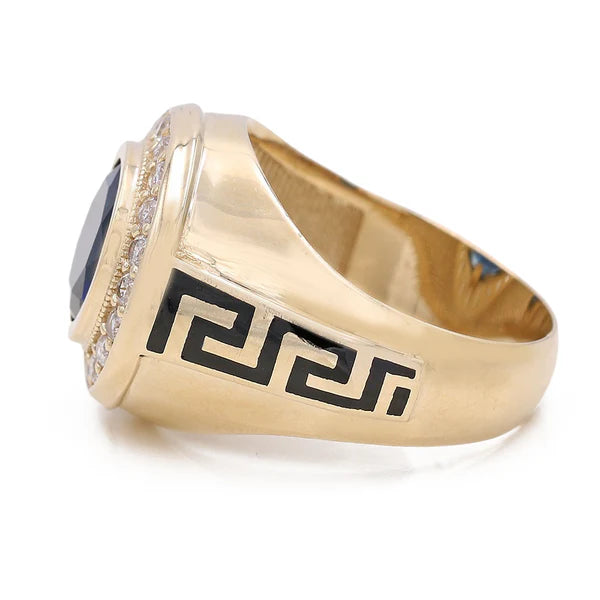 14K Yellow Gold Round Men's Ring with Black Enamel Greek and Blue Cz / Size: 10 / Weight: 9.2 GR / BOMR4FS-8