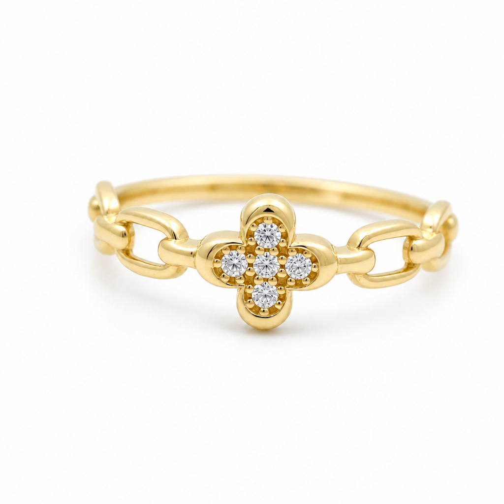 10K Yellow Gold Mini Clover Fashion Women's Ring with Cz / Size: 7.5 / Weight: 1.3 GR / DQWR0FS-92