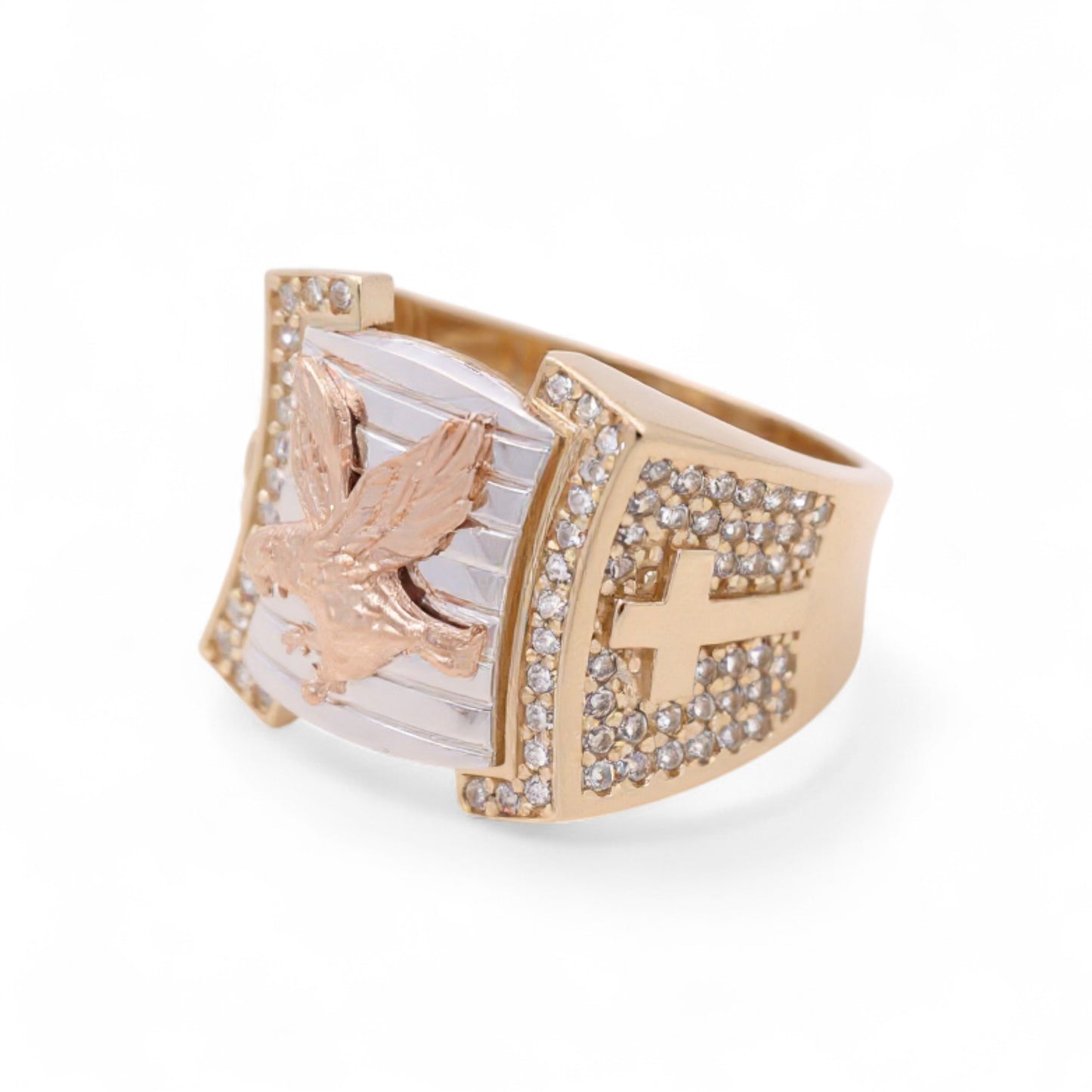 14K Yellow, White and Rose Gold Eagle Men's Ring with Cz / Size: 10.5 / Weight: 9.1 GR / COMR3T4EG-1