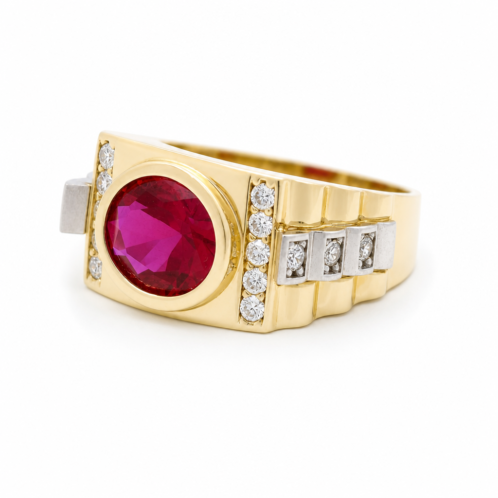 14K Yellow and White Gold Fashion Men’s Ring with Red Cz / Size 10.5 / Weight: 10.3 GR