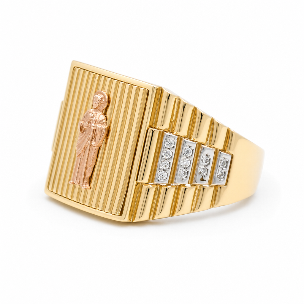 14K Yellow, White and Gold San Judas Men's Ring with Cz / Size: 10 / Weight 9.9 GR