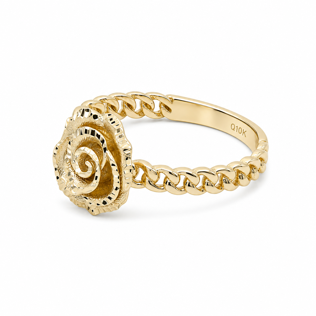 10K Yellow Gold Flower Women's Ring With Chain Link / Size: 8 / Weight: 2.1 GR / DQWR0FL-5