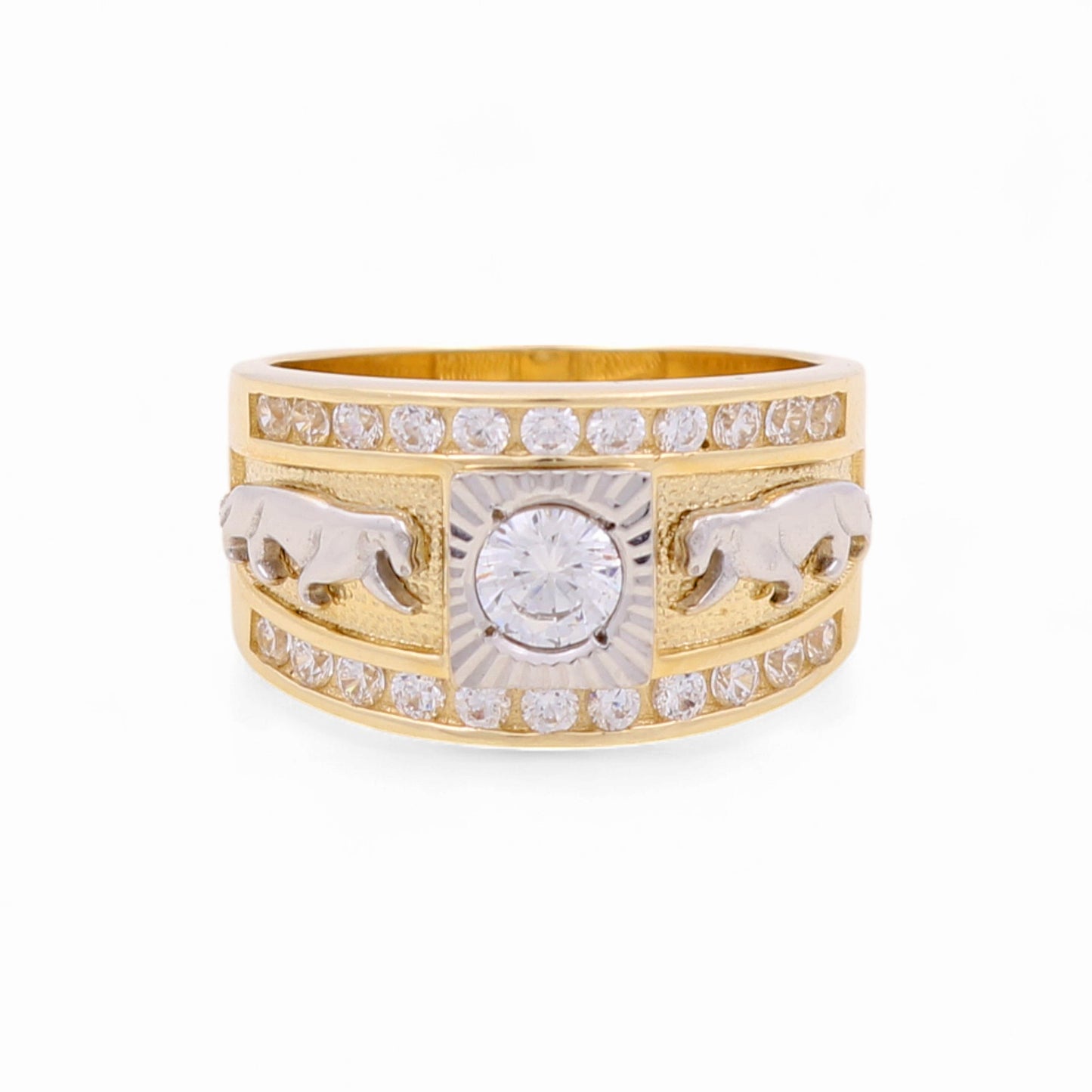 14k Two Tone Men's Ring with Panther and Cz / Size: 10 / Weight: 10.9 GR / COMR4SQTTPTCZ
