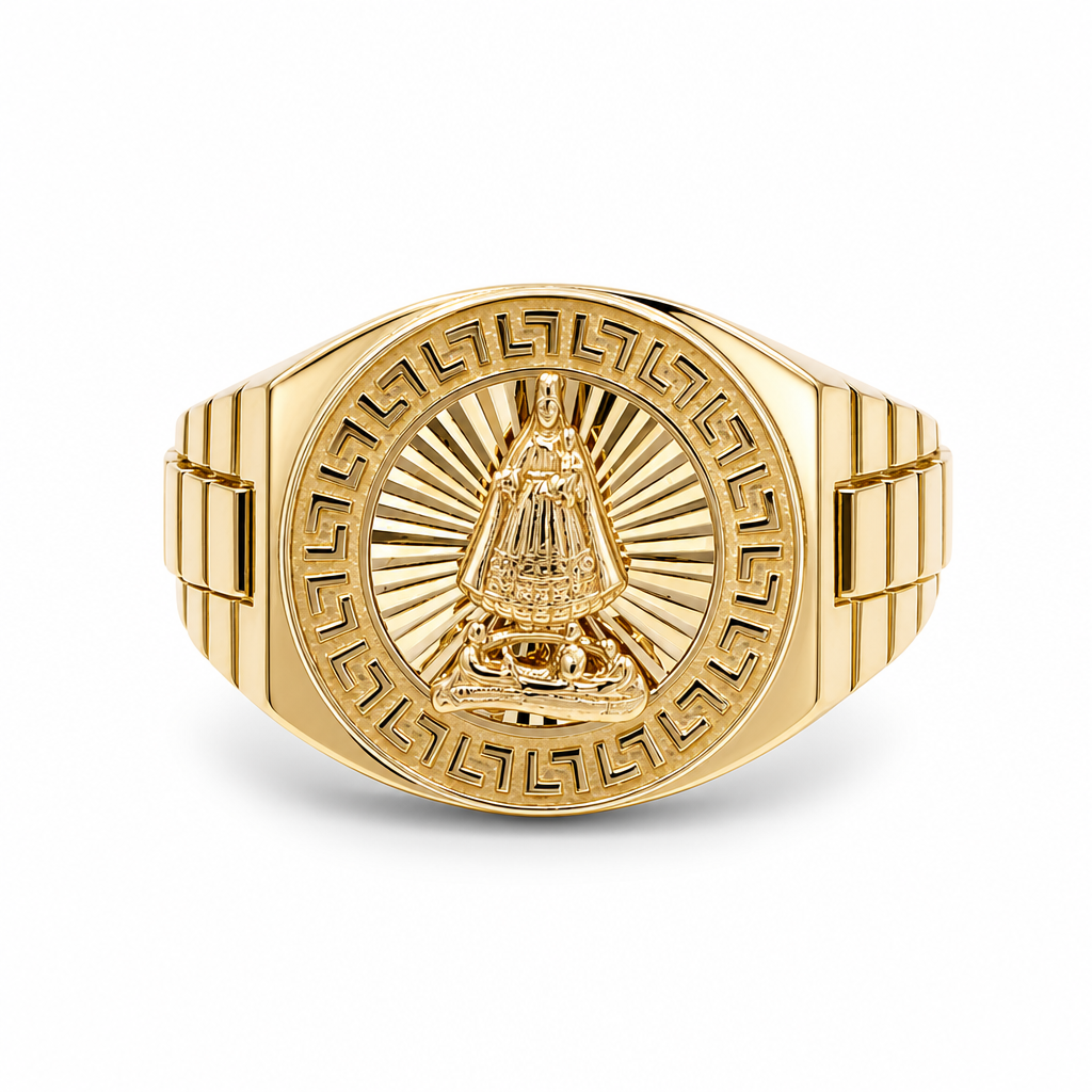 10K Yellow Gold Men's Ring Virgen De La Caridad with Greek Design / Size: 11 / Weight: 5.2 GR / DQMR0VC-4