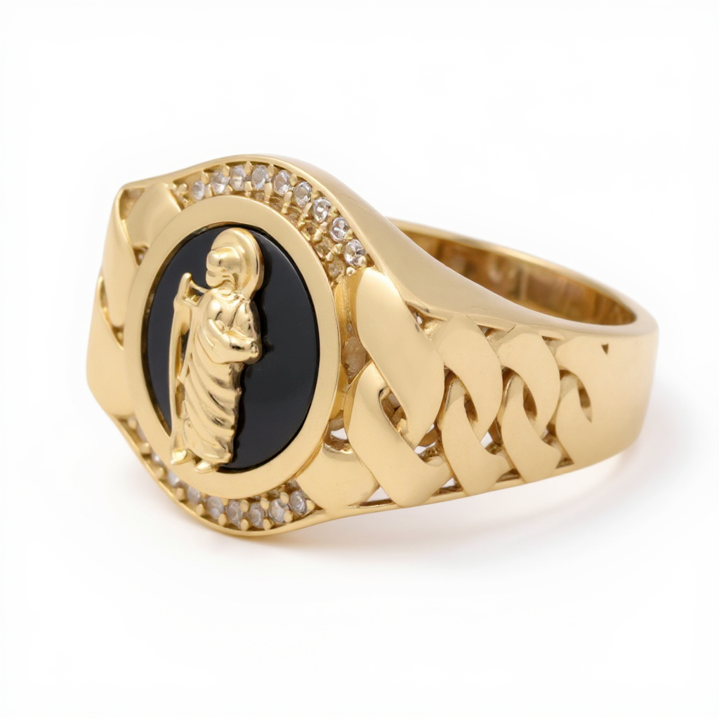 10K Yellow Gold San Judas RD Men's Ring with Onyx and Cz / Size: 11 / Weight: 7.6 GR