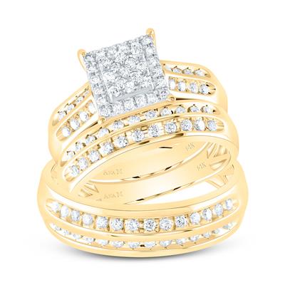 14K Yellow Gold Diamond Square Trio Bridal Set / Size: 7 & 10 / 196001