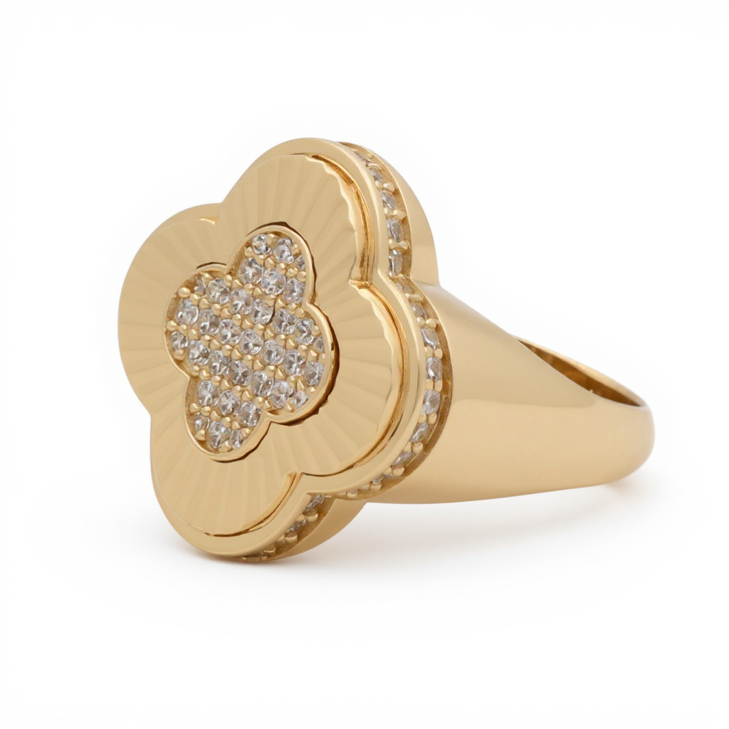 10K Yellow Gold Fashion Clover Women's Ring with White Cz / Size: 7.5 / Weight: 4.5 GR / CQWR0CLV