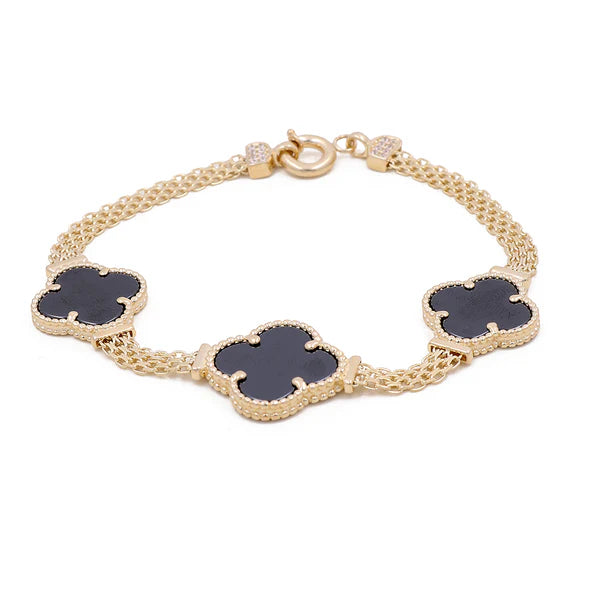 14K Yellow Gold Mesh Bracelet with Black Clover /Size 4mm 7" / Weight 13.2 GR / COWB4MSCV4-7