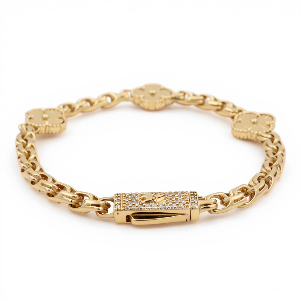 10K Yellow Monaco Women's Bracelet With Three Gold Clover and Chinese Link / Size: 7.5" / Weight: 10.9 GR / COWB0CLV-2
