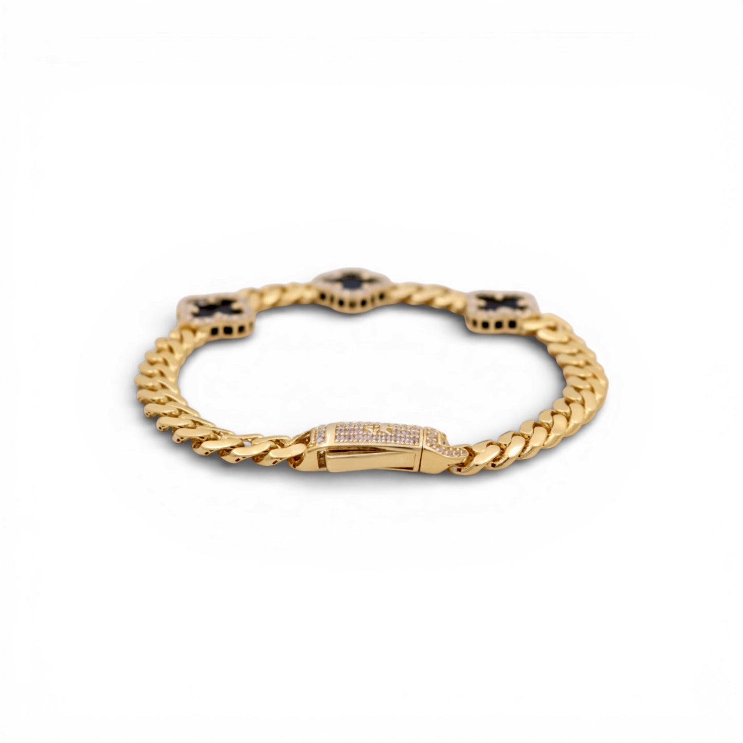 10K Yellow Gold Monaco Women's Bracelet with Three Black Clovers / Cz / Size: 7.5" / Weight: 10.4 GR/ DOWB0MONCLV-1