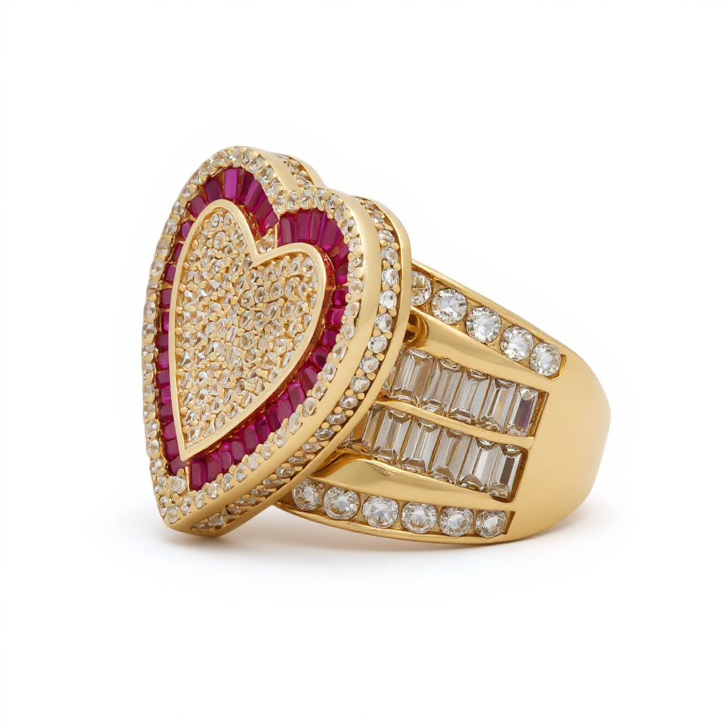 14K Yellow Gold Women's Baguette Heart Ring with Cz / Size: 7.5 / Weight: 10.6 GR