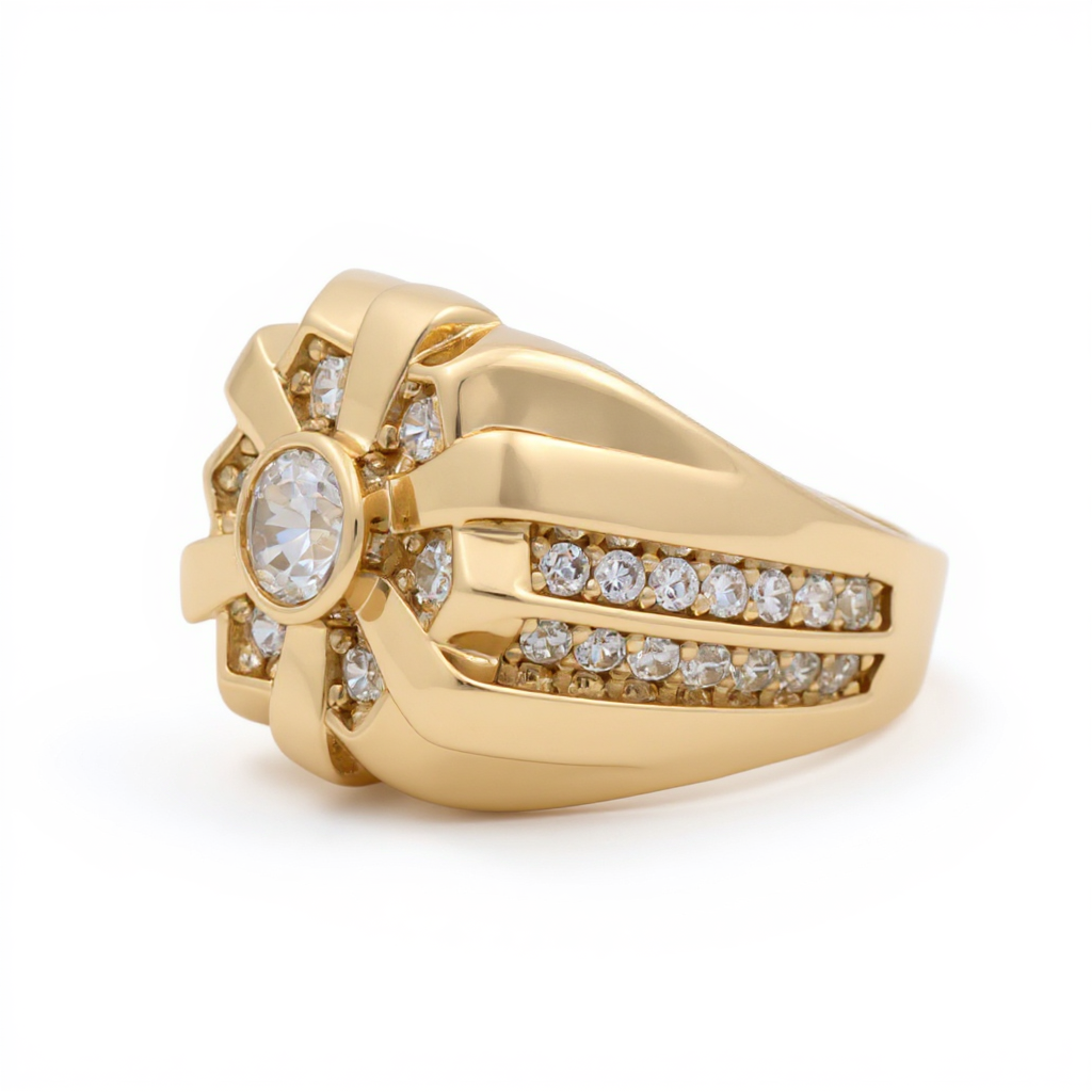 14K Yellow Gold Fashion Men’s Ring with White Stones / Size 11 / Weight: 8.3 GR / DOMR4FS-13