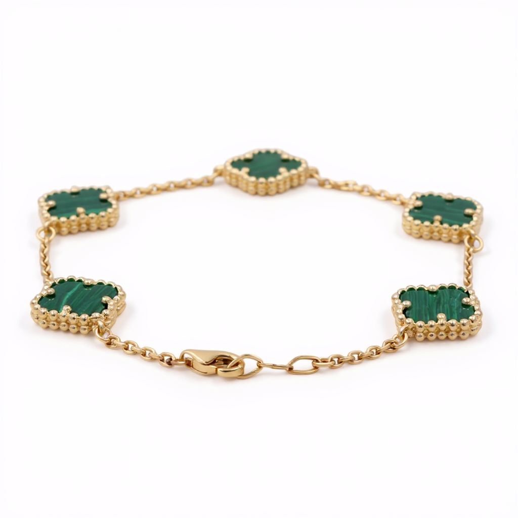 14K Yellow Gold Women's Bracelet with 5 Green Clover / Size 7" / Weight 7 GR / BOWB4CLV-6