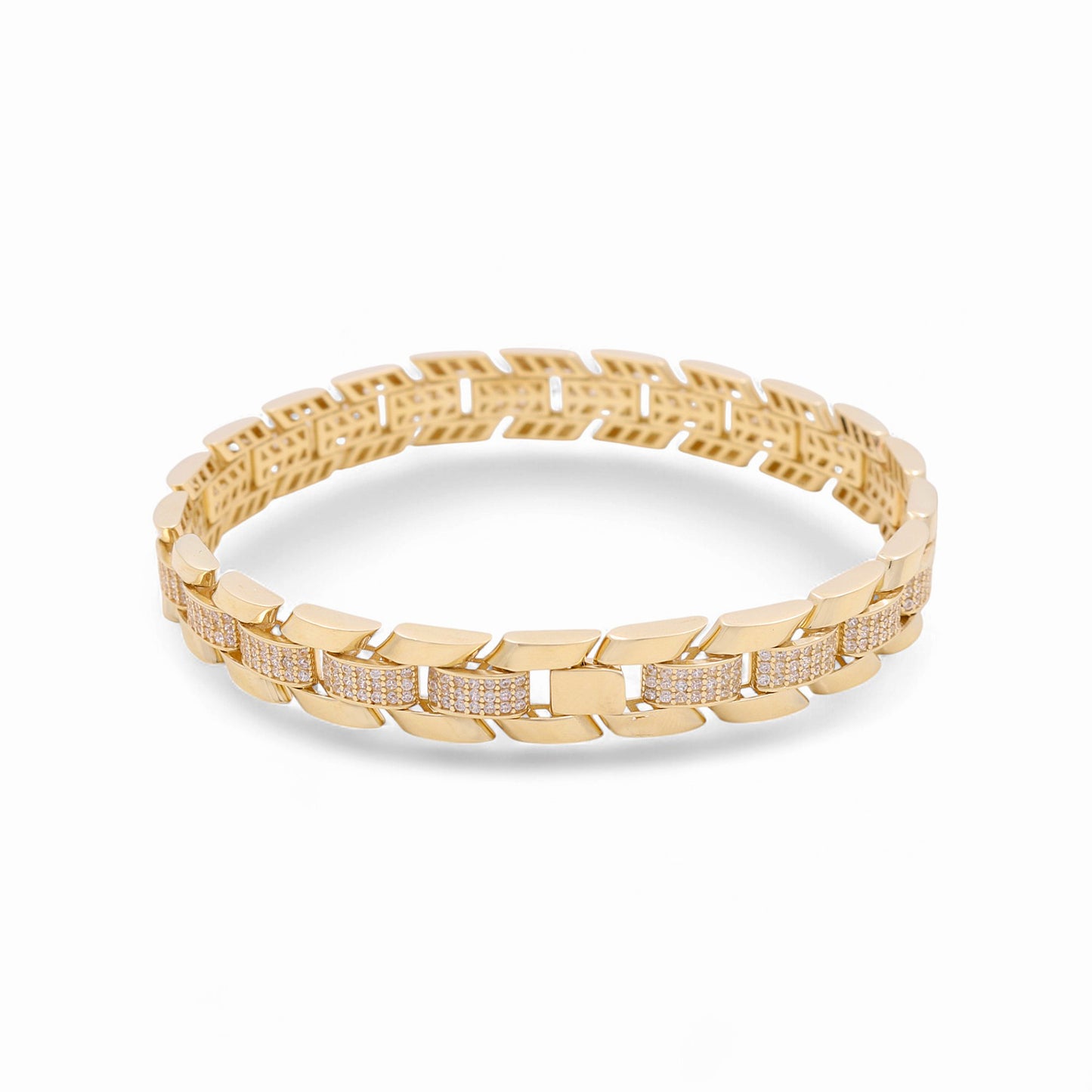 14K Yellow Gold Semisolid Italian Men's Bracelet with Cz / Size: 8.5" / Weight: 22.1 GR / 475-01678