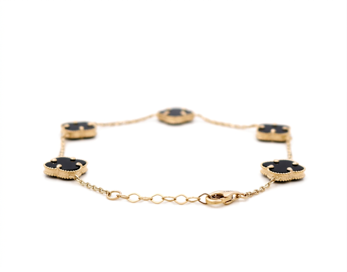 10K Yellow Gold Five Black Clover Women's Bracelet / Size: 7.5” 13MM / Weight: 4.6 GR