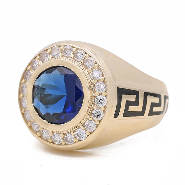 BOMR4FS-8 14k B Cz Size 10.5 Weight 10.2 GR Redondo Mens Ring with black enamel Greek and BLUE Cz