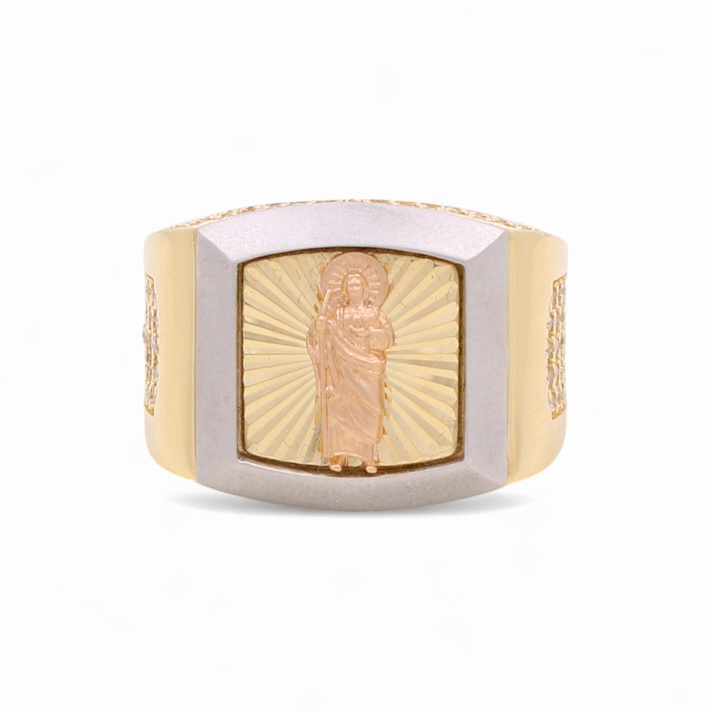 14k Three Tone Square San Judas Men's Ring with Cz / Size 9.5 / Weight 9.3 GR / COMR4SQ3TSJCZ